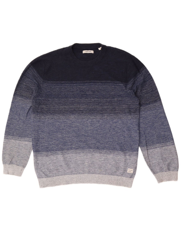Jack & Jones Mens Crew Neck Jumper Sweater Large Navy Blue Striped Cotton
