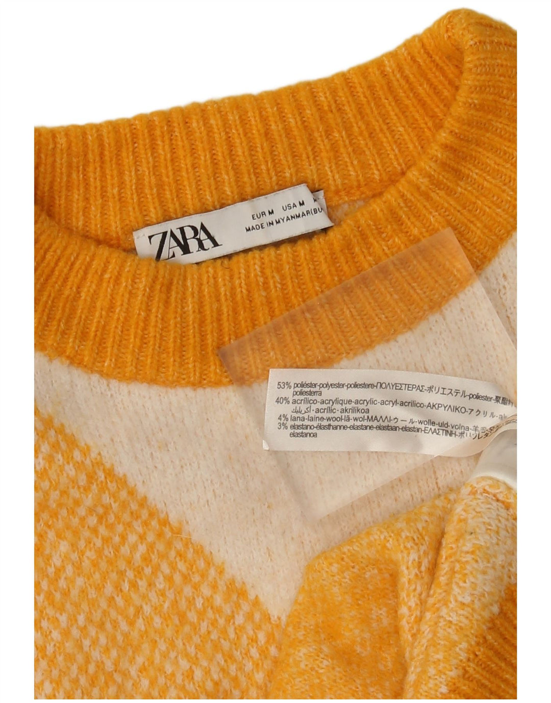 Zara Womens Crew Neck Jumper Sweater UK 14 Medium Yellow Argyle/Diamond