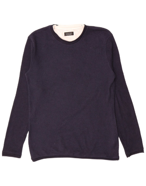 Zara Mens Crew Neck Jumper Sweater Large Navy Blue Polyester