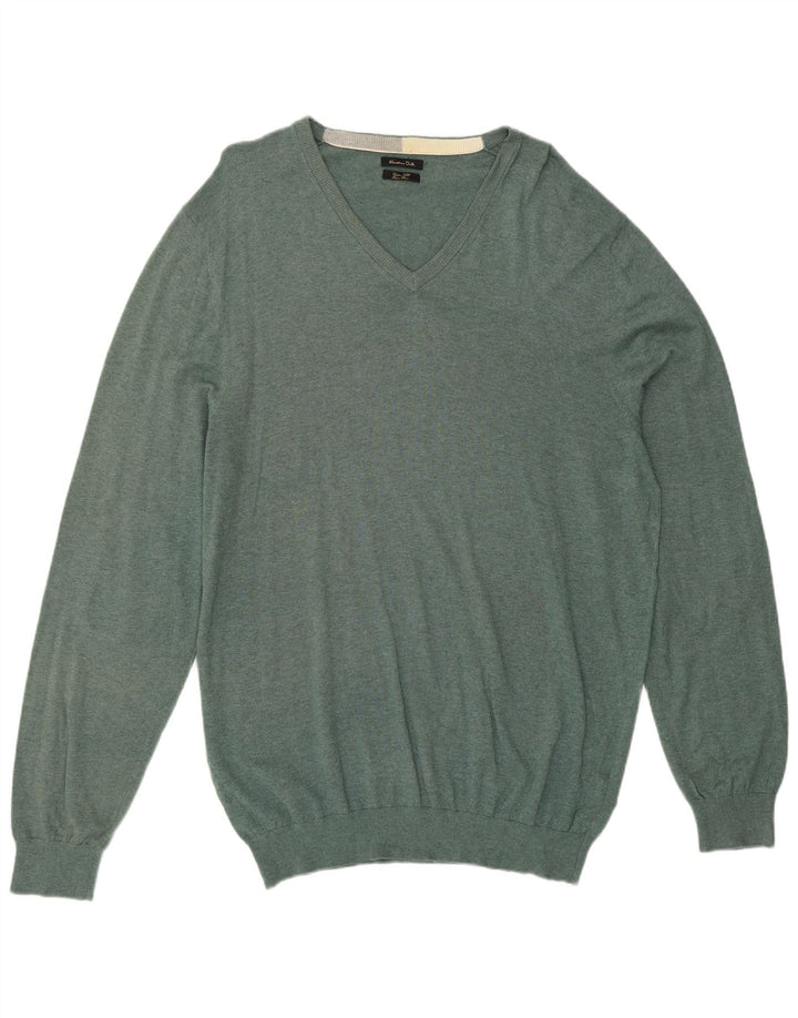 MASSIMO DUTTI Mens V-Neck Jumper Sweater 2XL Green Cotton