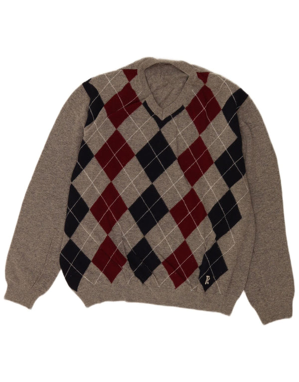 Męski sweter karabinowy z dekoltem w szpic, duży, szary, argyle/diamentowa wełna