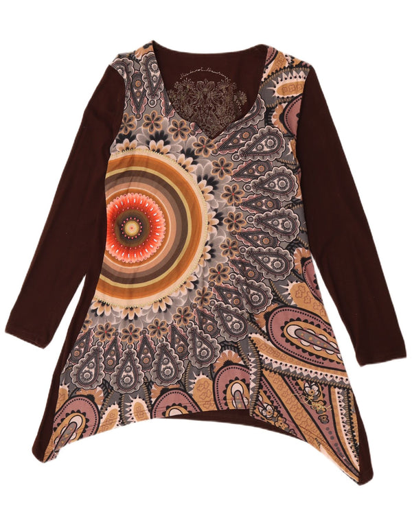 Desigual Dame Langærmet Asymmetrisk Tunika Top UK 14 Stor Brun Blomster
