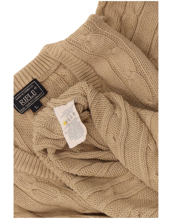 Rifle Mens V-Neck Jumper Sweater Large Beige Cotton