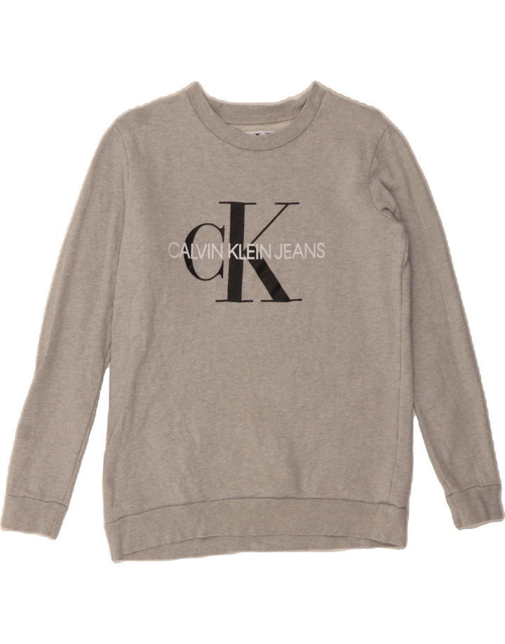CALVIN KLEIN JEANS Mens Graphic Sweatshirt Jumper XS Grey Cotton Vintage Calvin Klein Jeans and Second-Hand Calvin Klein Jeans from Messina Hembry 
