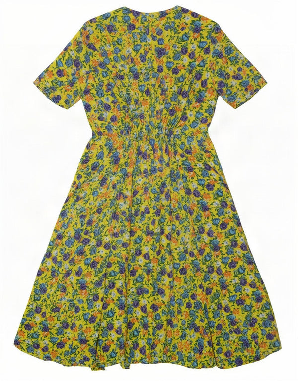 Vintage mujer regular A-Line vestido Reino Unido 12 medio amarillo floral retro