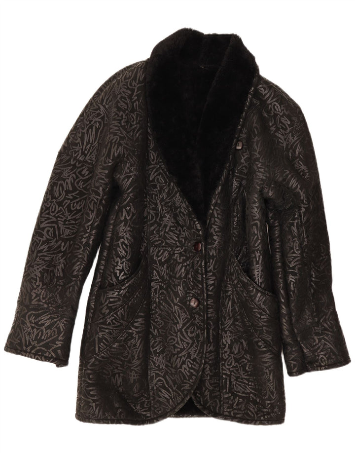 Vintage Womens Abstract Pattern Shearling Coat UK 14 Medium Black