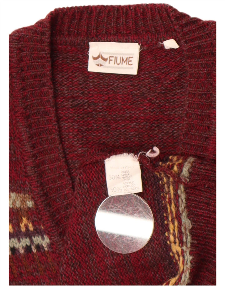 Fiume Mens V-Neck Jumper Sweater Large Burgundy Fair Isle Wool
