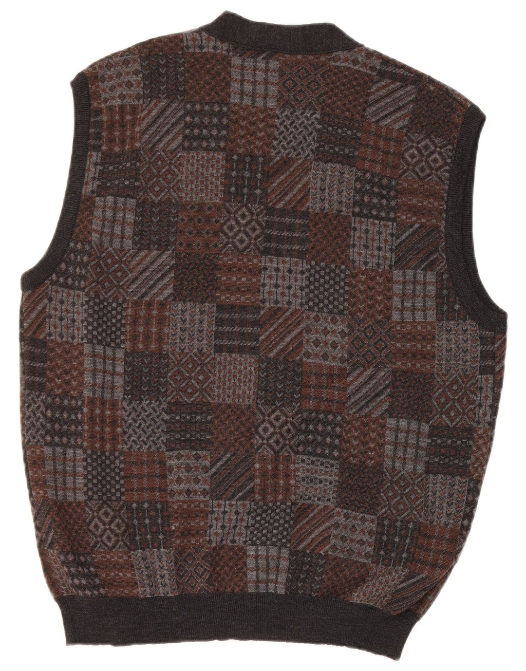 Vintage Mens Sleeveless Cardigan Sweater Medium Grey Geometric Virgin Wool