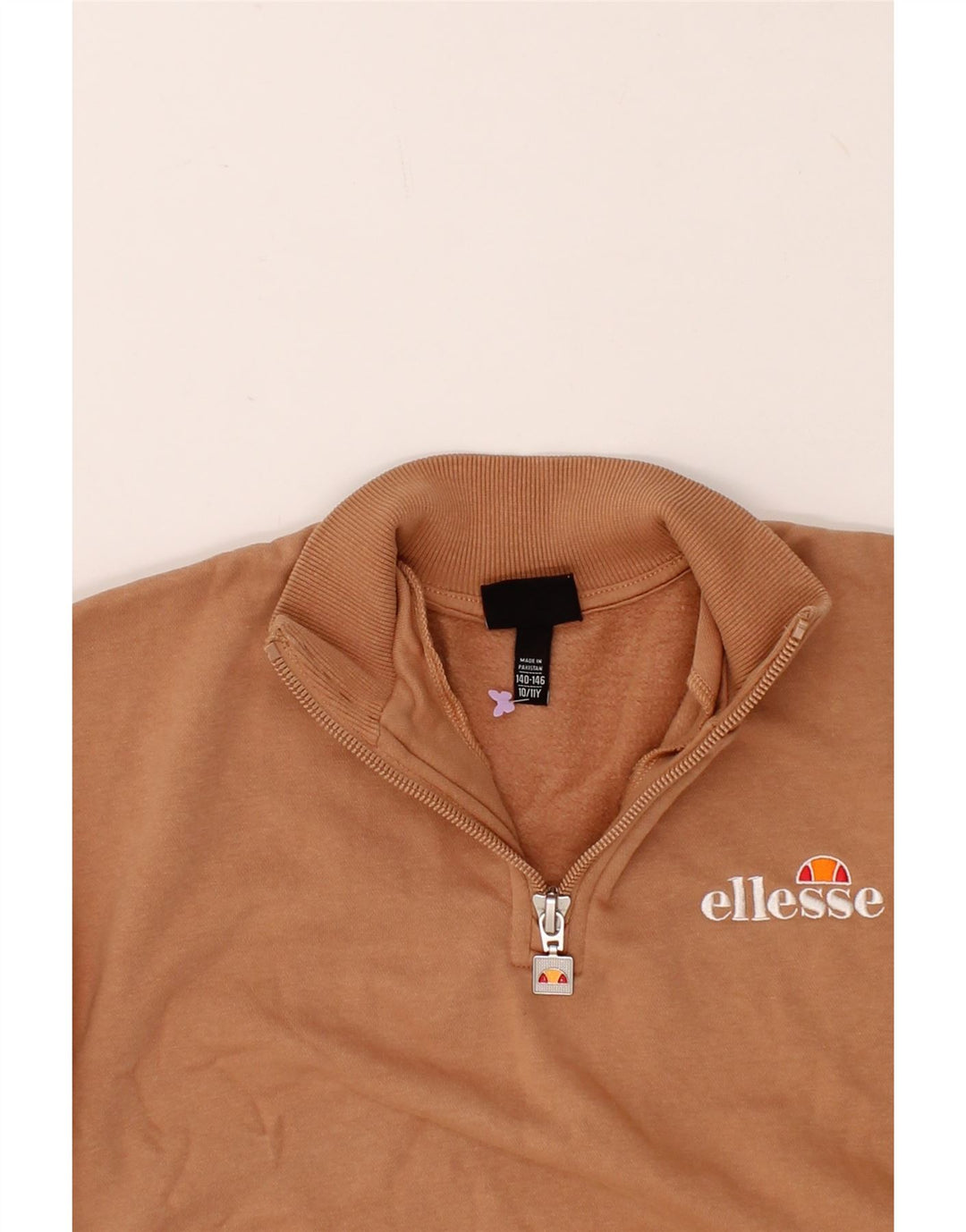 ELLESSE Girls Graphic Zip Neck Jumper Sweater 10-11 Years Brown Cotton Vintage Ellesse and Second-Hand Ellesse from Messina Hembry 