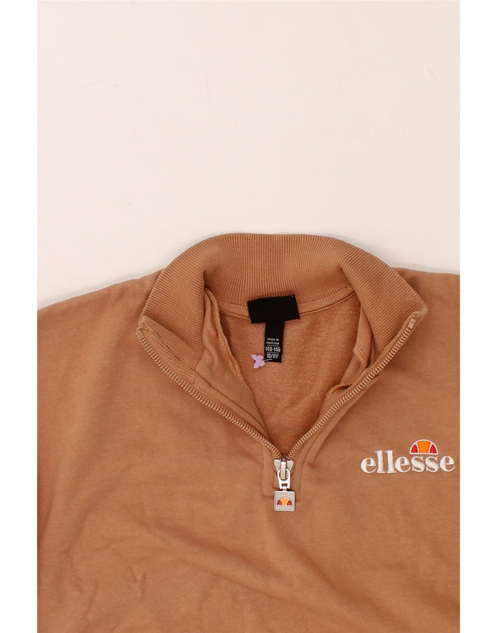 ELLESSE Girls Graphic Zip Neck Jumper Sweater 10-11 Years Brown Cotton Vintage Ellesse and Second-Hand Ellesse from Messina Hembry 