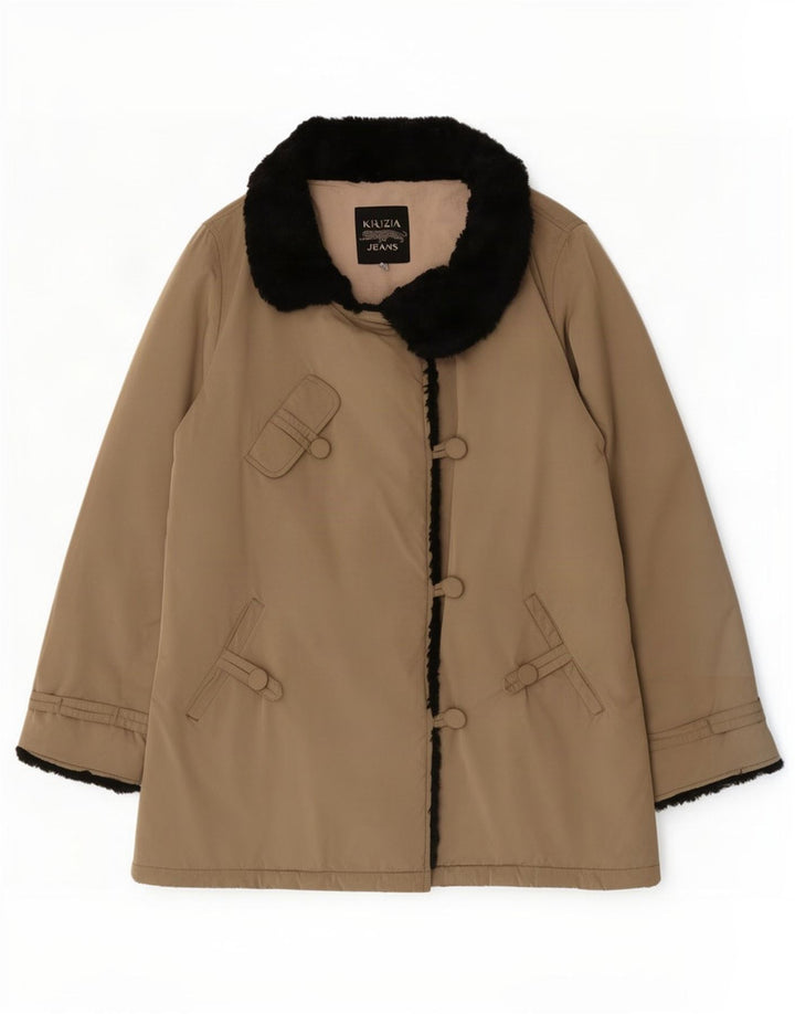 Krizia Jeans Womens Overcoat UK 16 Large Beige Colourblock Polyester