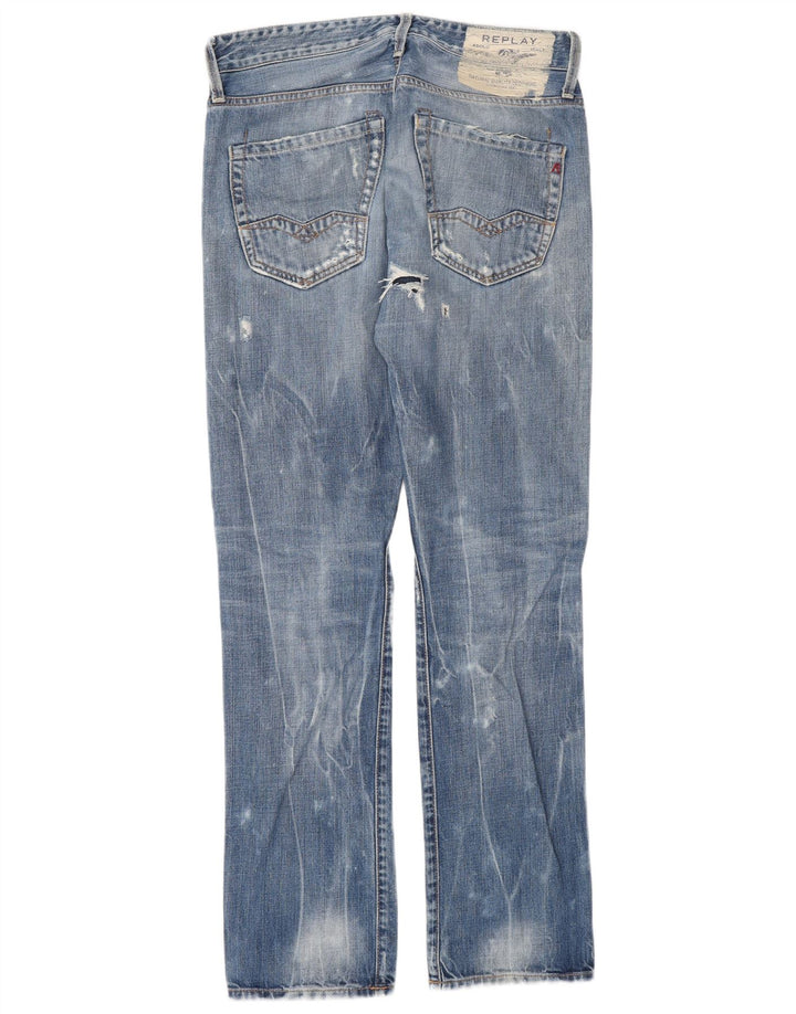 Replay Mens Waitom Distressed Straight Jeans W30 L32 Blue Cotton