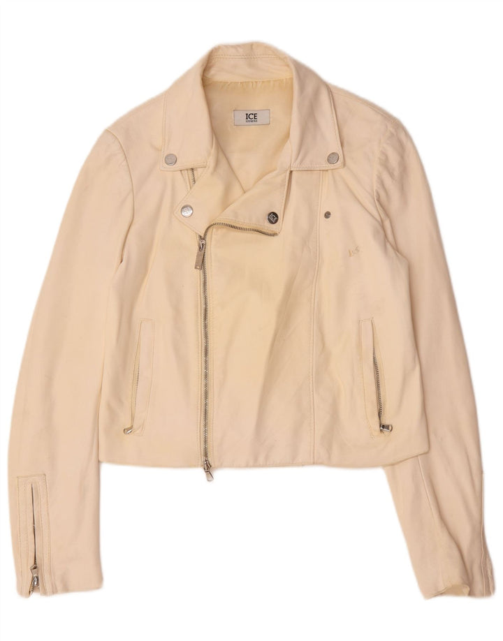 Iceberg Womens Leather Biker Jacket UK 14 Medium Off White Leather
