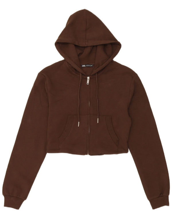 Zara Dame Crop Hættetrøje Sweater UK 12 Medium Brun Bomuld