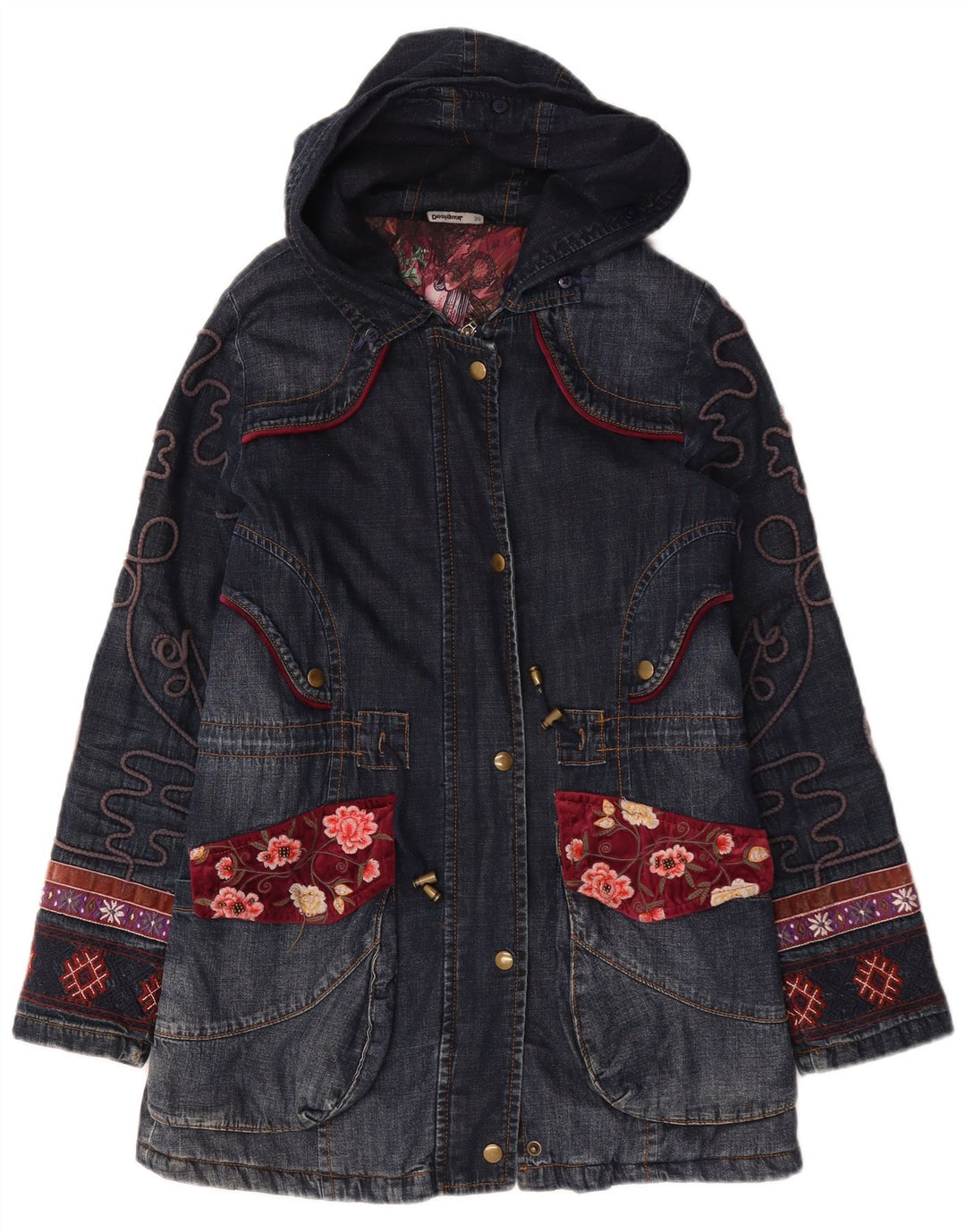 Desigual Womens Oversized Graphic Denim Coat EU 36 Small Navy Blue Floral