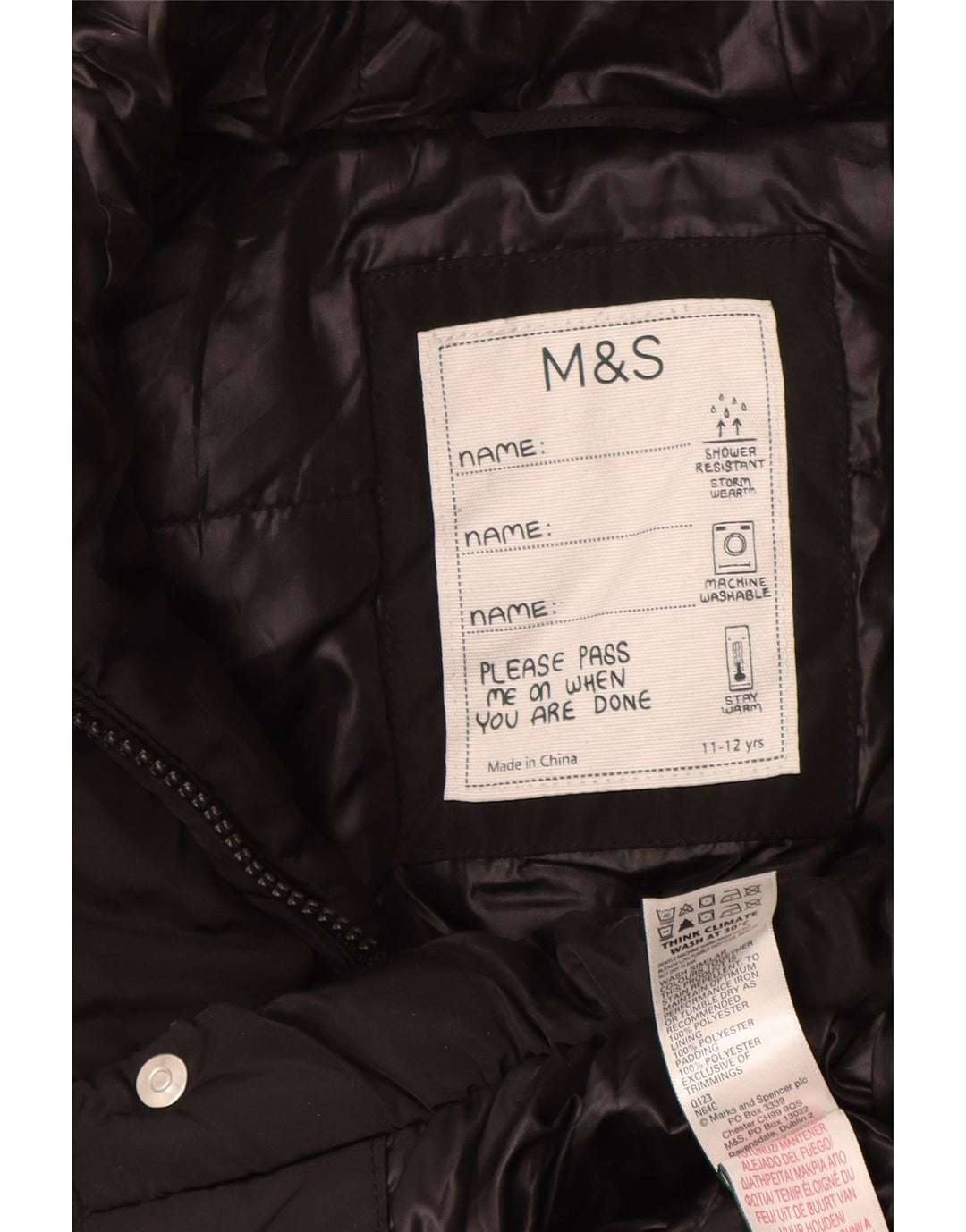 Marks & Spencer Girls Hooded Padded Coat 11-12 Years Black Polyester