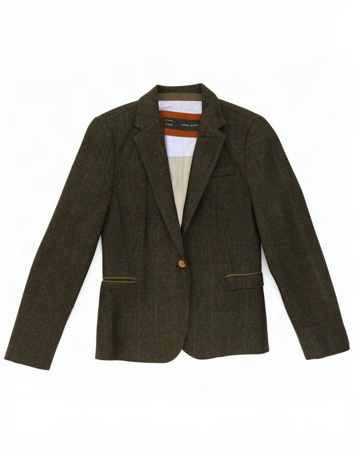 Zara Γυναικείο σακάκι 1 κουμπιού σακάκι UK 14 Large Green Check