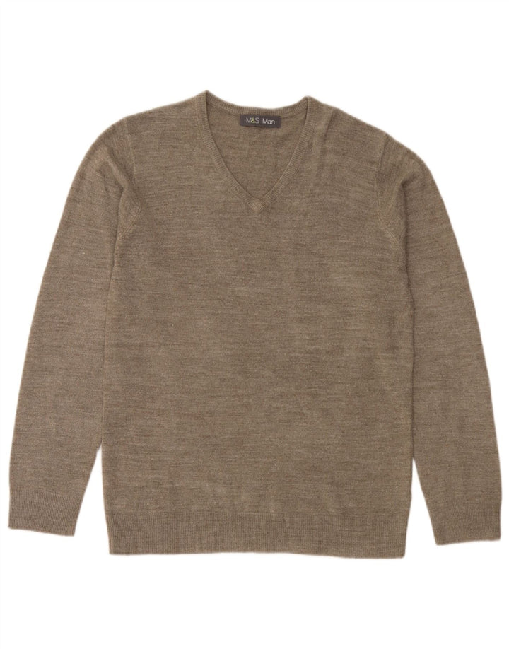 Marks & Spencer Mens V-Neck Jumper Sweater Small Beige Flecked Acrylic