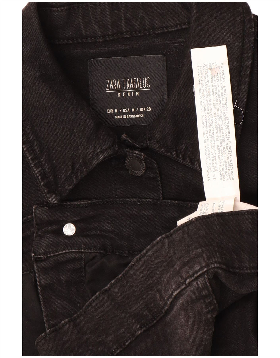Zara Womens Trafaluc Crop Denim Jacket UK 12 Medium Black Cotton