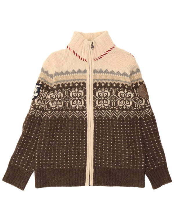 Napapijri Pull Cardigan Femme UK 14 Marron Moyen Fair Isle Lambswool