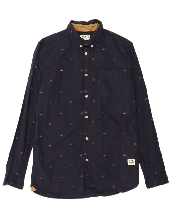 JACK & JONES Mens Abstract Pattern Shirt Medium Navy Blue Cotton