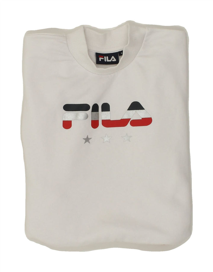 FILA Womens Graphic Sweatshirt Jumper UK 10 Small White Cotton Vintage Fila and Second-Hand Fila from Messina Hembry 
