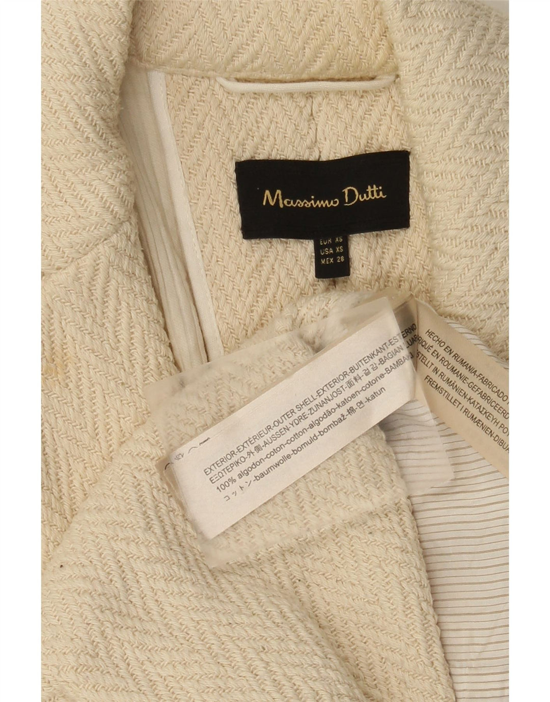 Massimo Dutti Womens 3/4 Sleeve Open Overcoat UK 6 XS Off White Herringbone