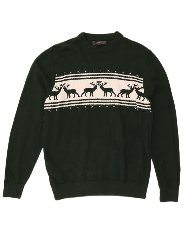 Marks & Spencer Mens Crew Neck Jumper Sweater Medium Green Fair Isle Cotton