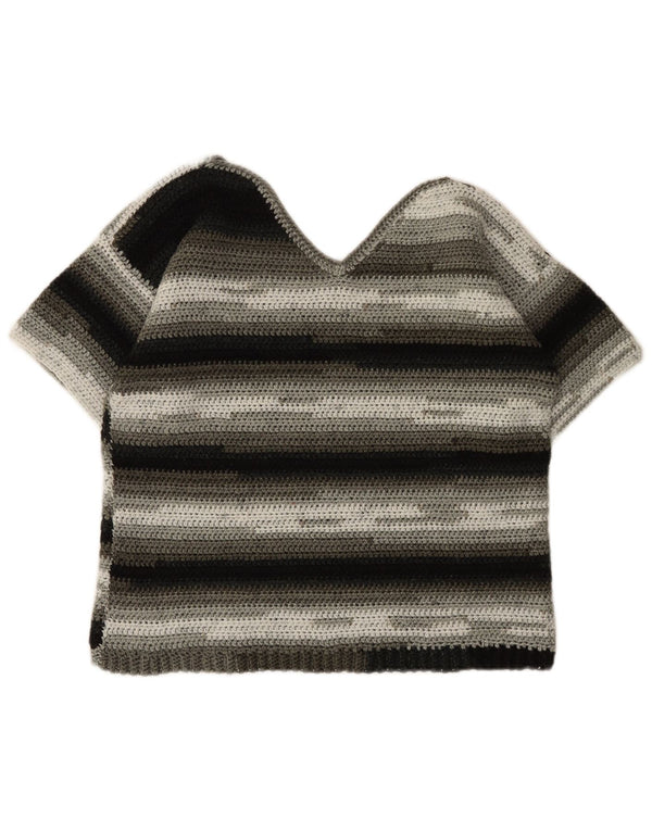 Vintage Womens Short Sleeve V-Neck Jumper Sweater UK 14 Medium Grey Striped