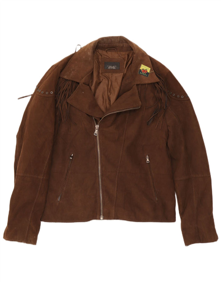 Zara Mens Faux Suede Biker Jacket UK 42 XL Brown Polyester