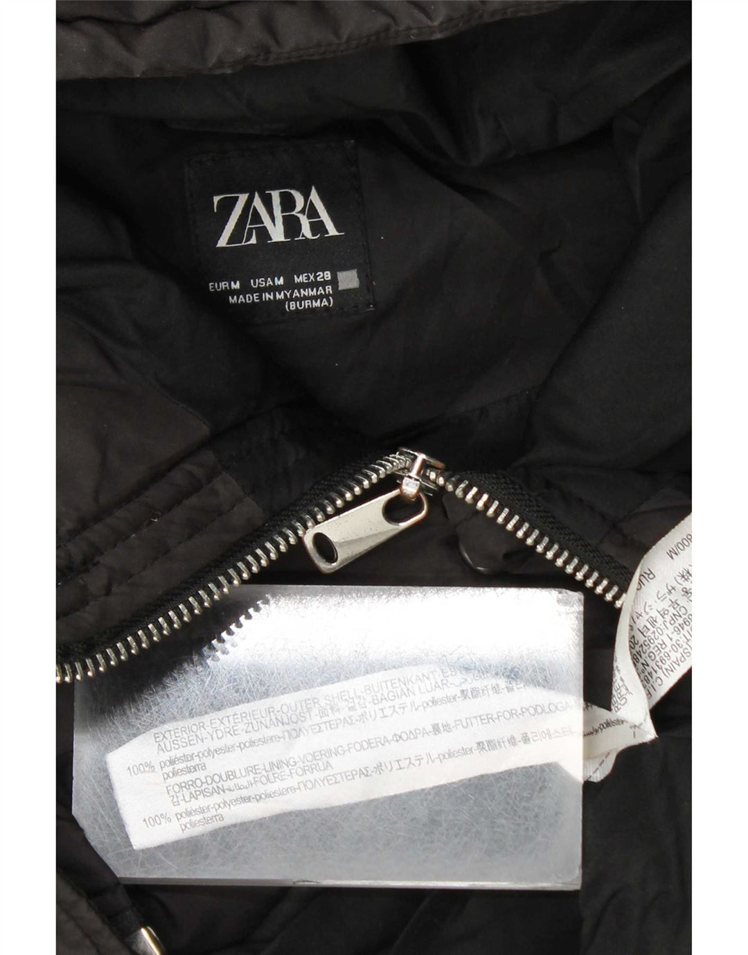 Zara Gilet rembourré à capuche long pour femme UK 14 Medium Noir Polyester