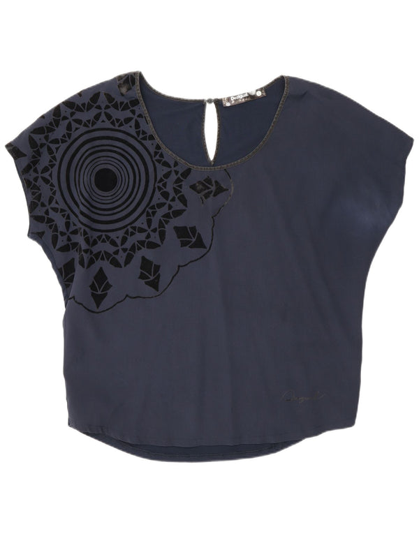 Desigual Dame Grafisk Bluse Top UK 16 Large Navy Blue Geometric