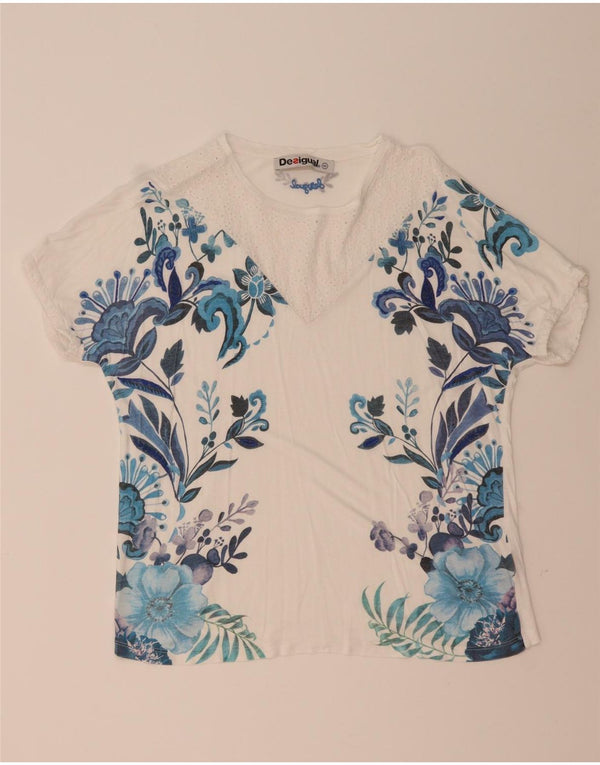 Desigual T-shirt grafica da donna Top UK 14 Viscosa floreale bianca media