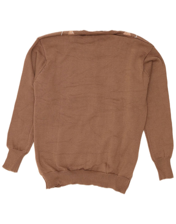 Vintage Womens V-Neck Jumper Sweater Large Brown Argyle/Diamond Polyester