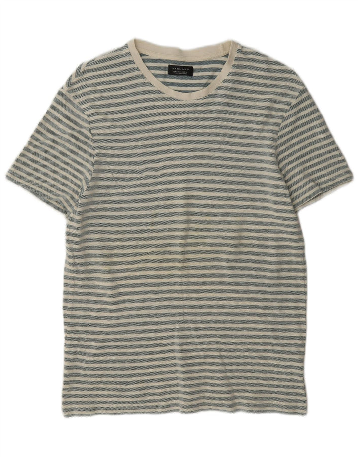 Zara Mens T-Shirt Top Large Grey Striped Cotton