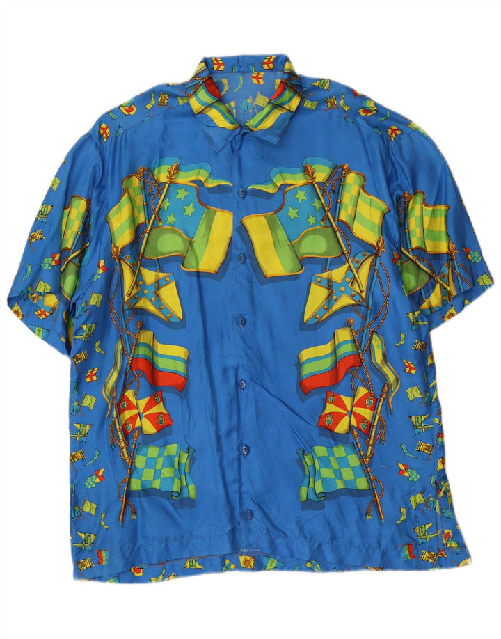 Vintage Herren Kurzarmhemd mit abstraktem Muster, groß, blau