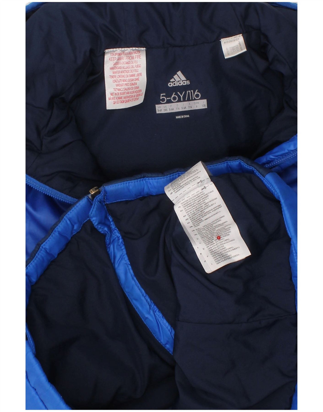ADIDAS Boys Hooded Padded Jacket 5-6 Years Blue Colourblock Polyester