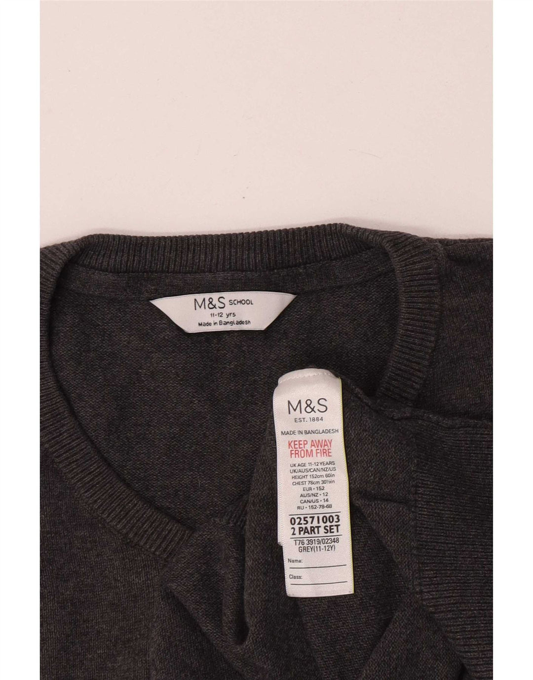 Marks & Spencer Boys V-Neck Jumper Sweater 11-12 Years Grey Cotton