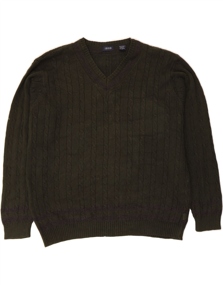 IZOD Mens V-Neck Jumper Sweater Large Green Cotton