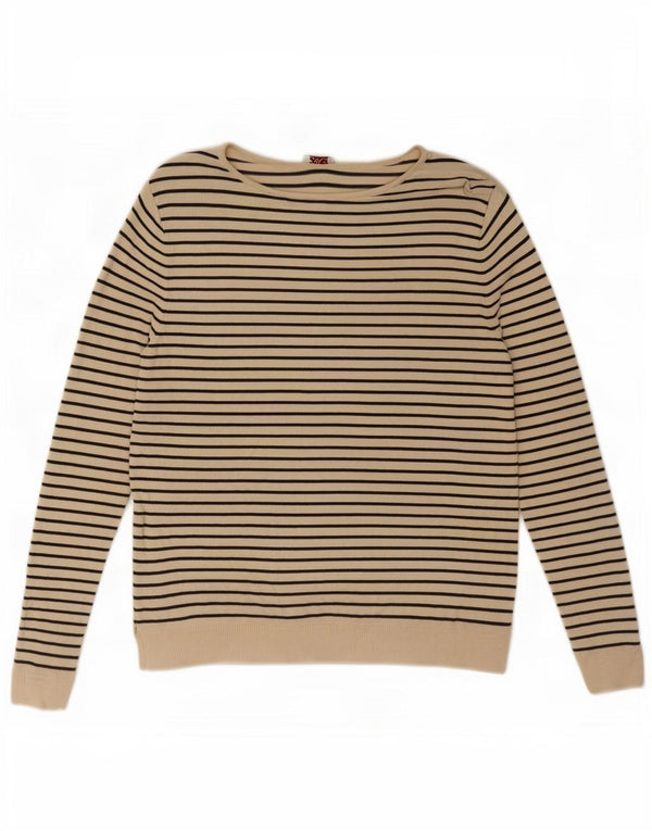 Suéter feminino Zara com gola canoa Reino Unido 10 pequeno bege listrado náutico