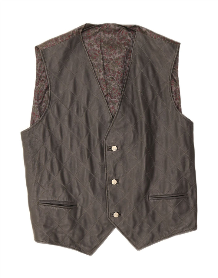 Vintage Mens Leather Waistcoat Large Black Paisley