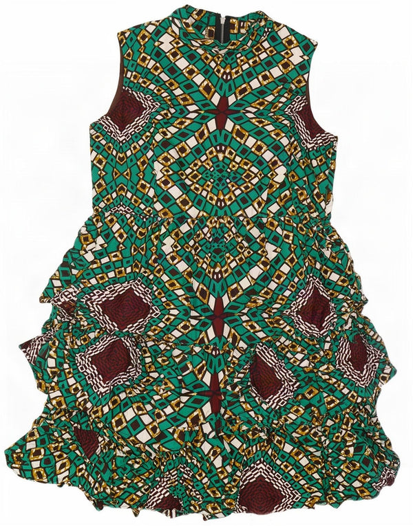 Vintage Womens Sleeveless Tiered Dress UK 14 Large Green Geometric