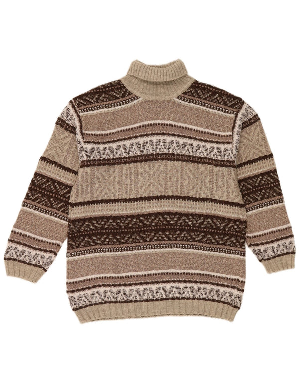 vintage Mens Roll Neck Jumper Pull Moyen Brun Géométrique Laine