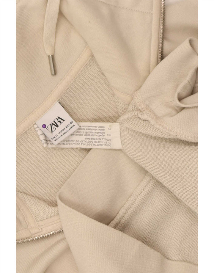 Zara Womens Zip Neck Sweatshirt Jumper UK 14 Medium Beige Cotton