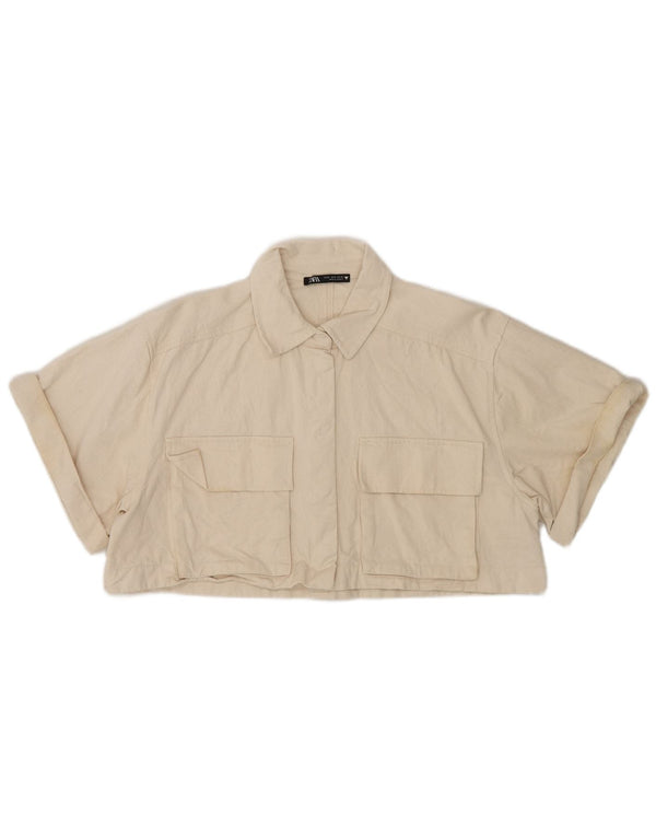 Zara Womens Short Sleeve Crop Shirt UK 14 Medium Beige Cotton