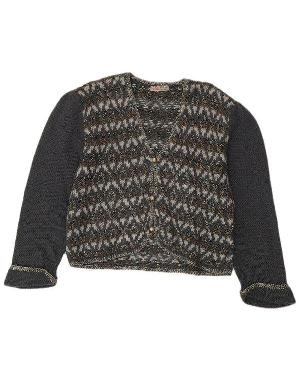 Vintage dame cardigan sweater UK 14 Medium Grey Geometric Mohair