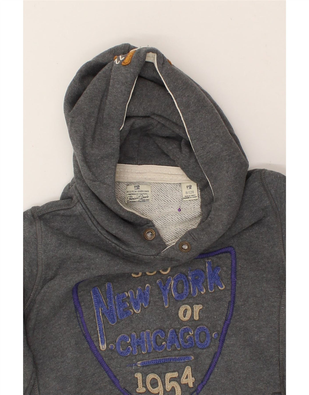 SCOTCH SHRUNK Boys Graphic Hoodie Jumper 7-8 Years Grey Cotton Vintage Scotch Shrunk and Second-Hand Scotch Shrunk from Messina Hembry 