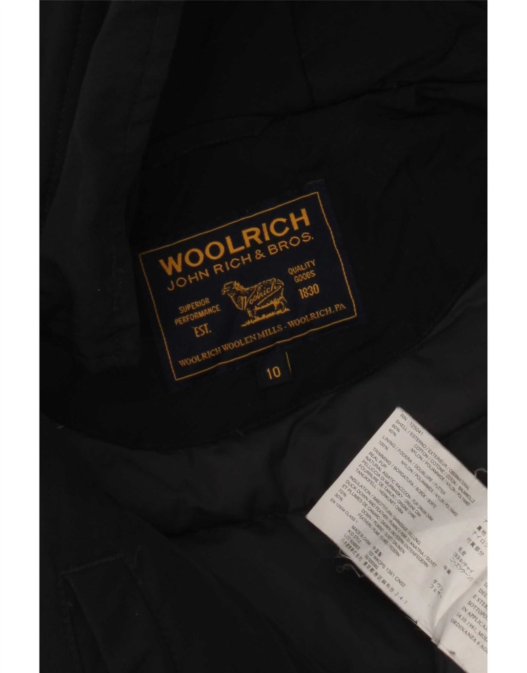 Woolrich Wattierte Jungenjacke mit Kapuze, 9–10 Jahre, schwarze Baumwolle