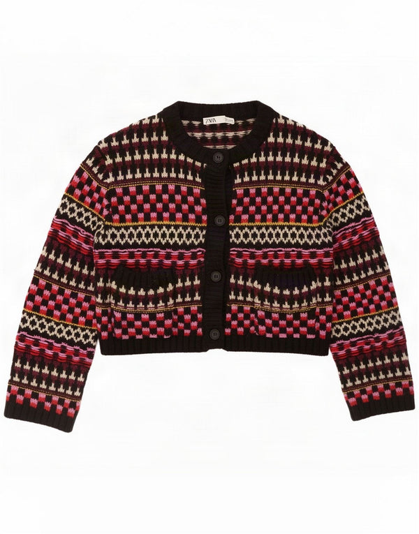 Zara Womens Crop Cardigan Sweater UK 16 Large Multicolore Géométrique