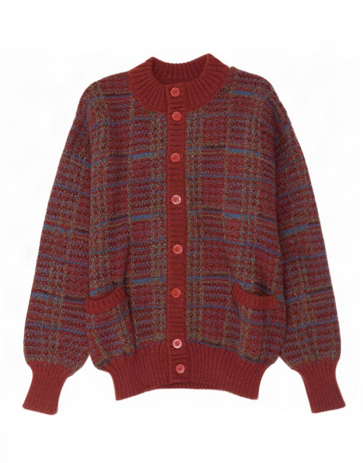 Vintage Mens Cardigan Sweater Large Burgundy Check